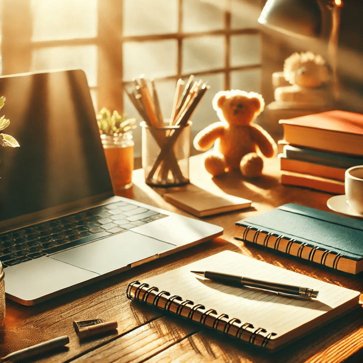 An inspiring workspace featuring an open laptop and a spiral notebook on a wooden desk, bathed in warm sunlight streaming through a window. In the background, soft-focus items like a plush teddy bear, a stack of books, and a cup of coffee create a cozy and reflective atmosphere. The scene conveys creativity, productivity, and personal growth.