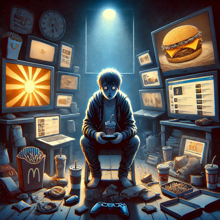 A person sits alone in a dimly lit room, illuminated by the glow of multiple screens—a smartphone, laptop, and TV—all displaying different media. Their eyes appear slightly glazed as they clutch a cup of coffee, surrounded by scattered fast-food wrappers, empty coffee cups, and an untouched video game controller in their lap. The atmosphere is chaotic, symbolizing overstimulation and digital excess. In the background, a single window reveals a peaceful, untouched outside world, offering a glimpse of hope and escape from the artificial reality.