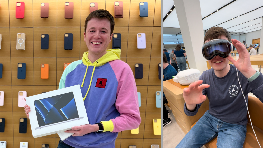 A split image featuring two moments inside an Apple Store. On the left, a person in a colorful hoodie smiles while holding a boxed MacBook Pro, standing in front of a display wall filled with neatly arranged iPhone cases in various colors. On the right, the same person, now wearing a dark long-sleeve shirt, tries on an Apple Vision Pro headset, gesturing with their hands as if interacting with a virtual interface. The background shows other customers and Apple employees in a bright, modern store setting.